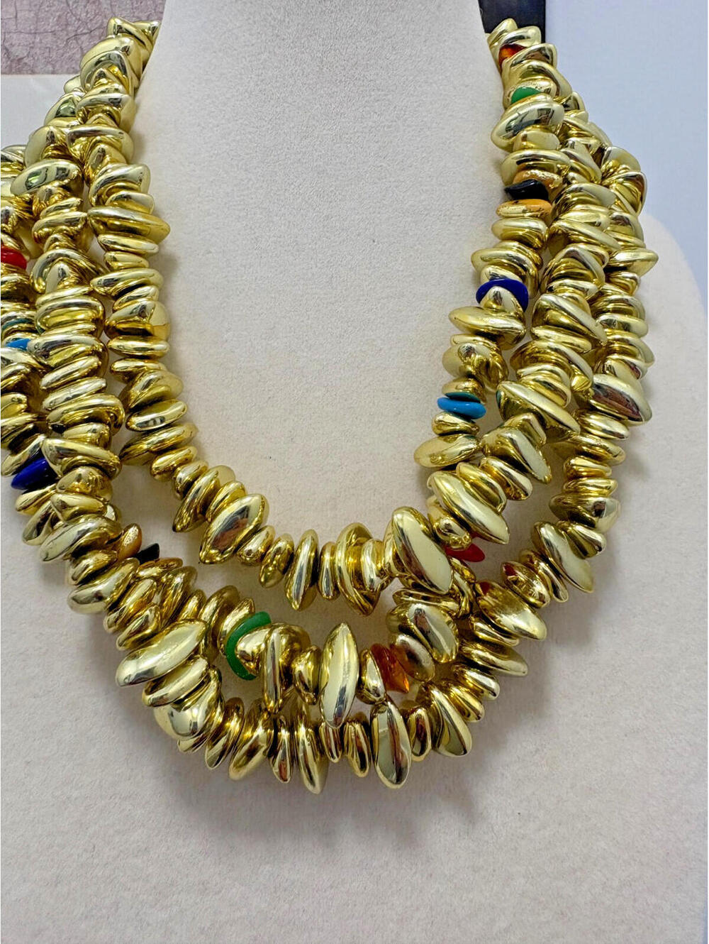 Vintage Chunky Faux Shiny Gold Tone Nugget Choker Plastic Bead Necklace Snap 16"